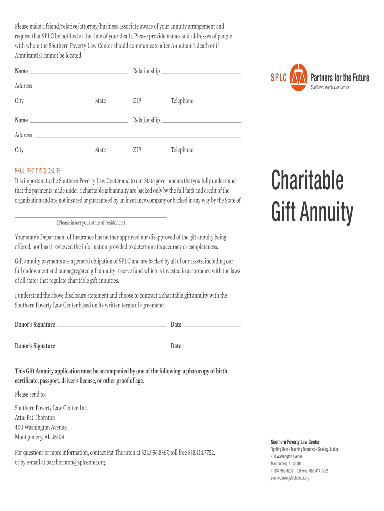 Charitable Gift Annuity Application  Southern Poverty Law Center  Splcenter  Form