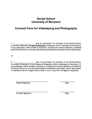 Dental School University of Maryland Consent Form for Videotaping Dental Umaryland