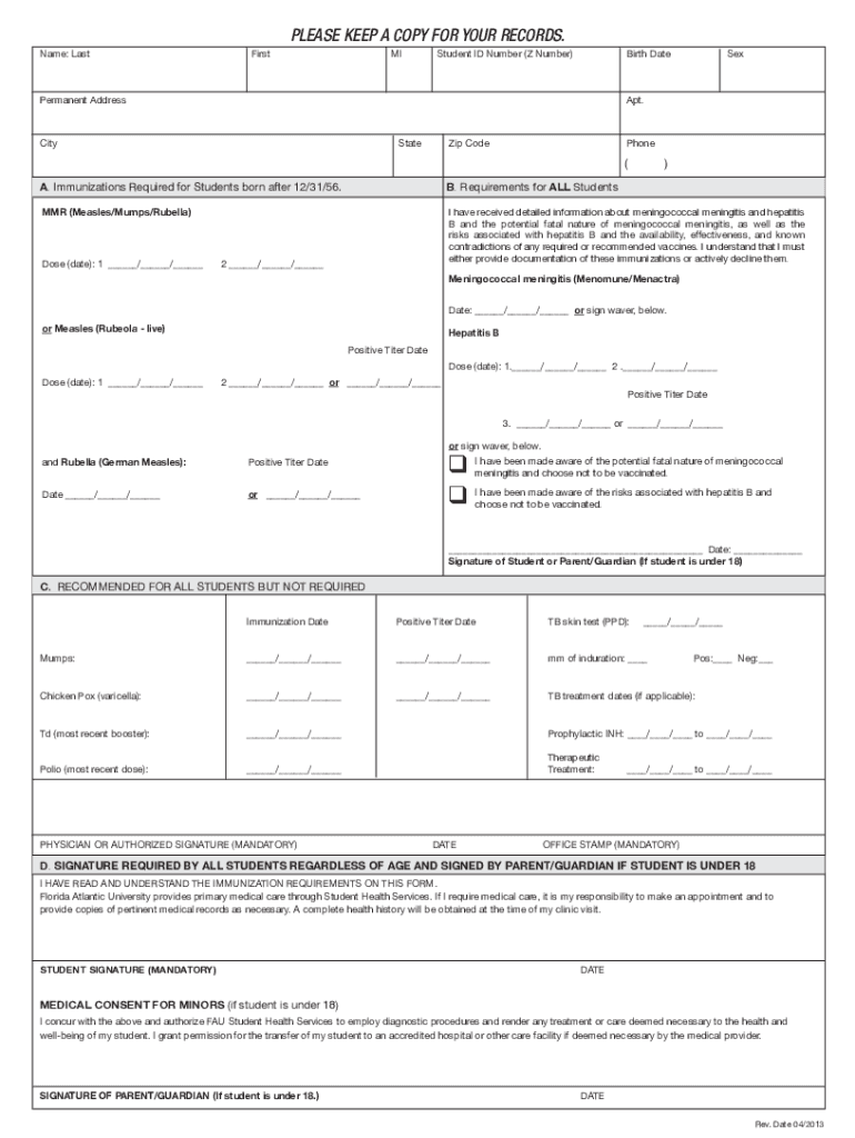 Fau Florida Atlantic University Immunization  Form