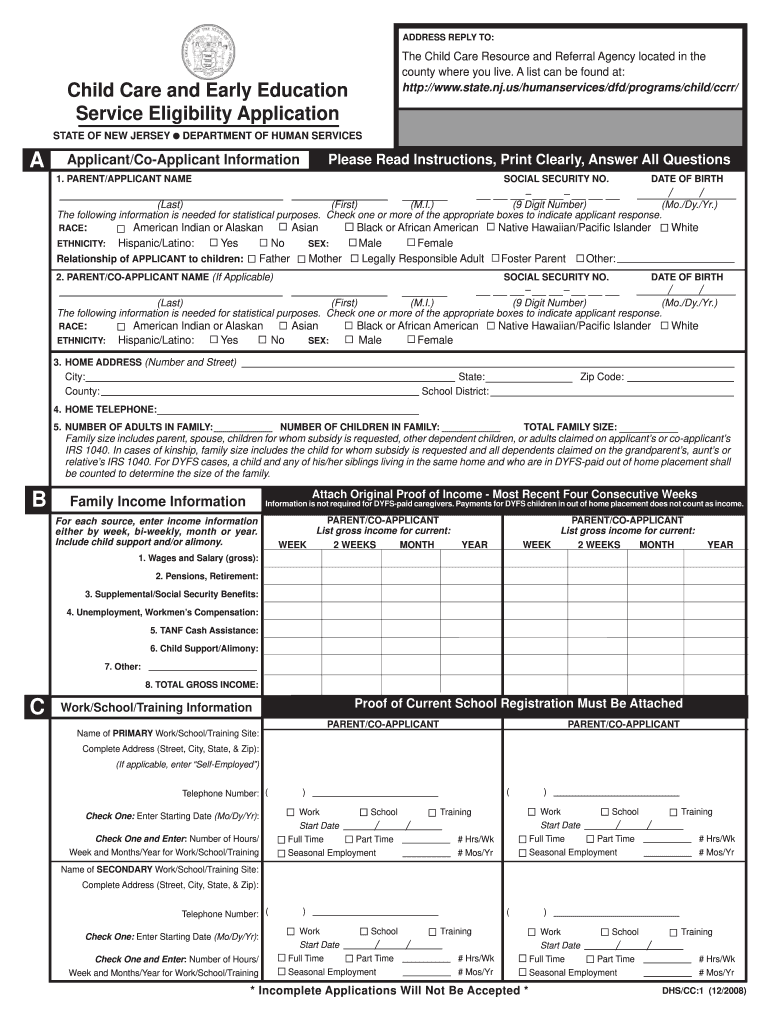  Child Care and Early Education Service Eligibility Application 2008-2024