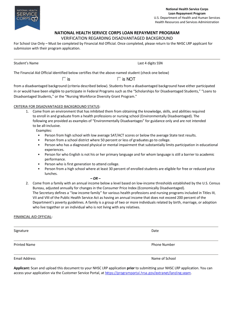 FY12 NHSC LRP Verification of Disadvantaged Background Form  Nhsc Hrsa