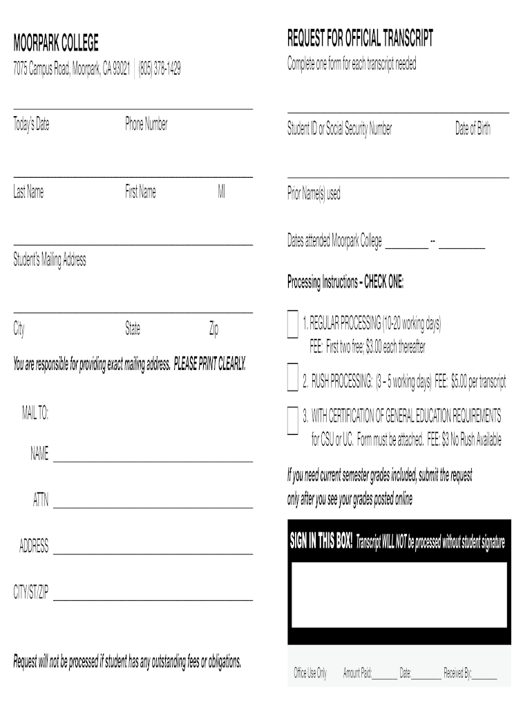 Moorpark College Official Transcripts  Form