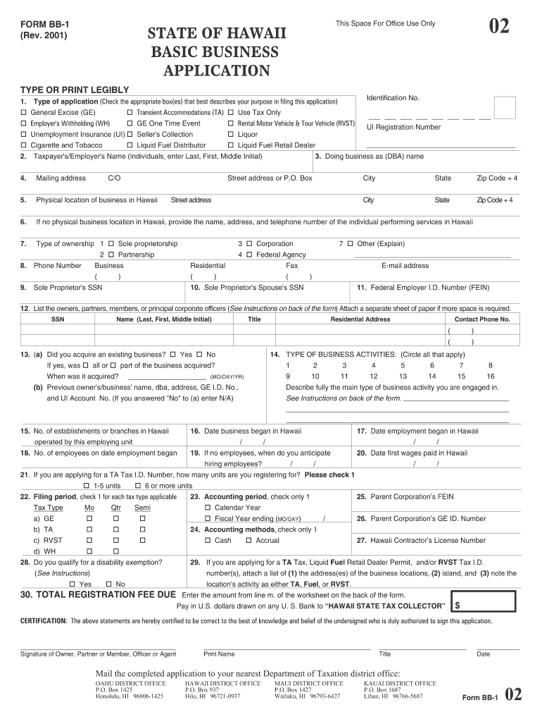 Online Application for for Hawaii Form Bb 1