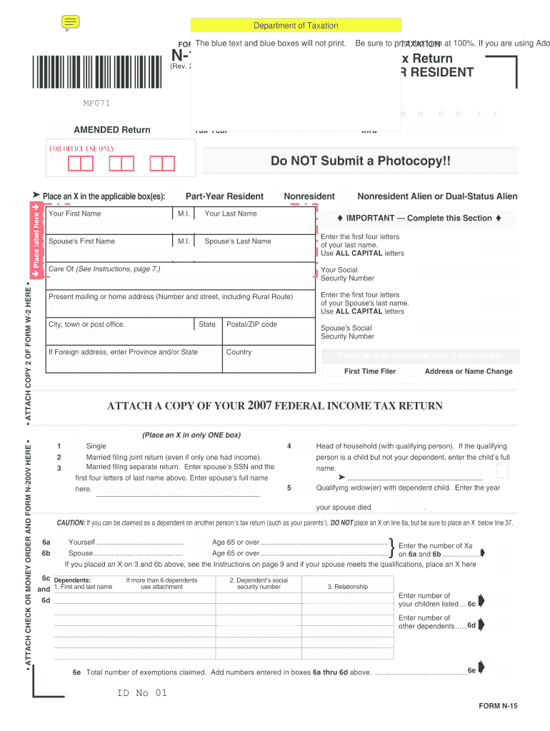 Get and Sign N 15 Rev NonResident and Part Year Resident Income Tax 2007-2022 Form