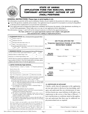 State of Hawai I Application for Non Civil Service Appointment Form