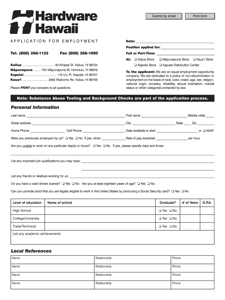 Get and Sign Hardware Hawaii Employment Application Form 2012