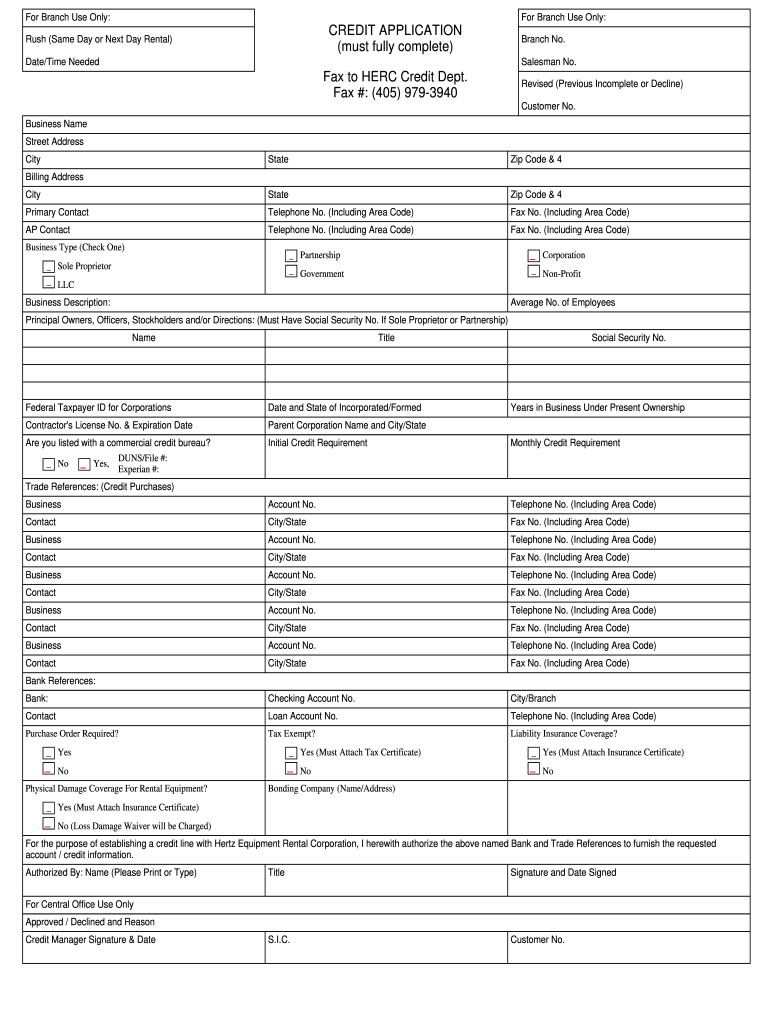 Herc Rentals Credit Application  Form