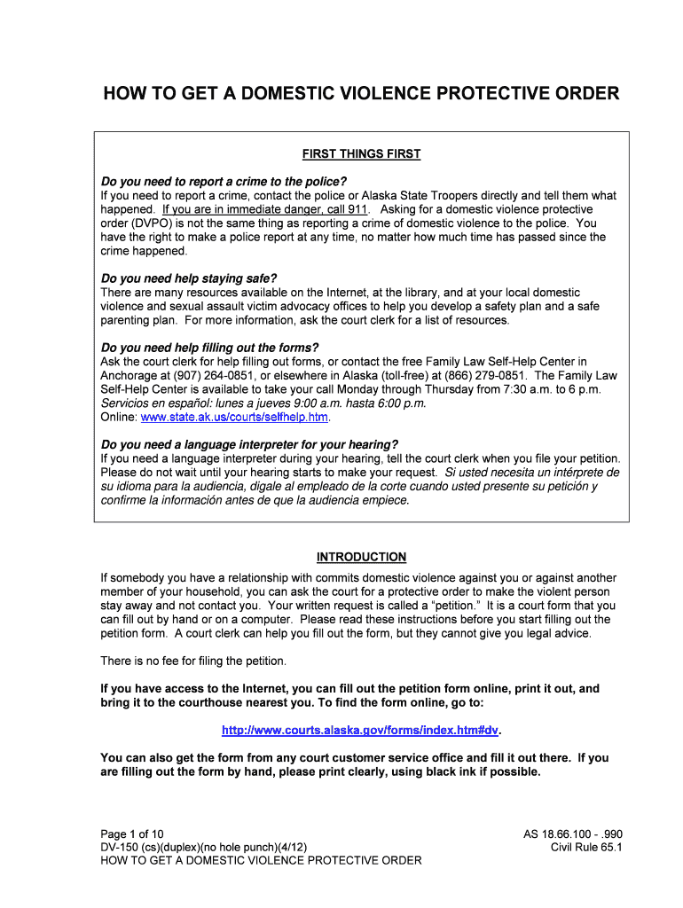  DV 150 Instructions for Requesting a Protective Order 4 12 Domestic Violence Forms  Courts Alaska 2012