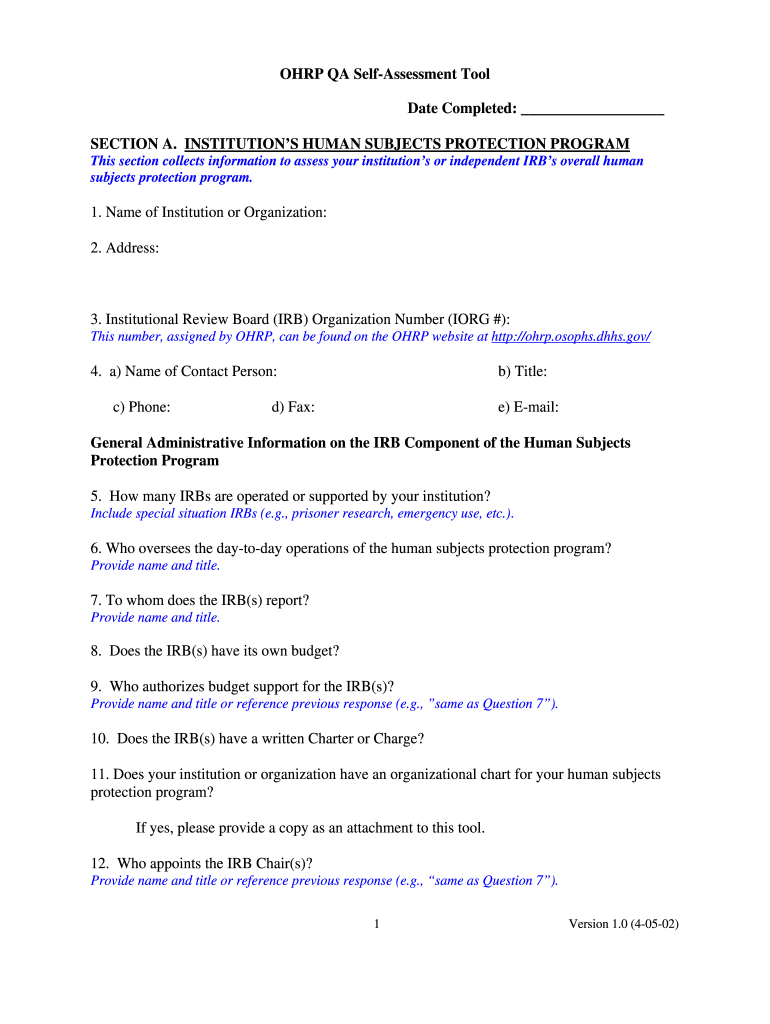  OHRP QA Self Assessment Tool  HHS Gov  Hhs 2002-2024