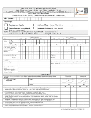 Get and Sign Health Declearation Form of Max Newyork Life 2011-2022
