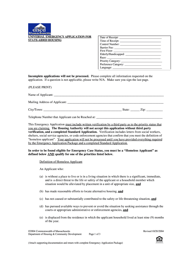 Massachusetts Emergency Housing Application  Form