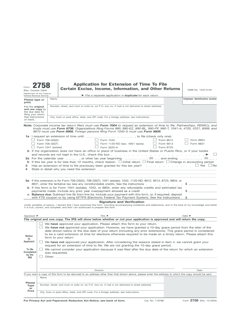 Irs 2758 20042024 Form Fill Out and Sign Printable PDF Template