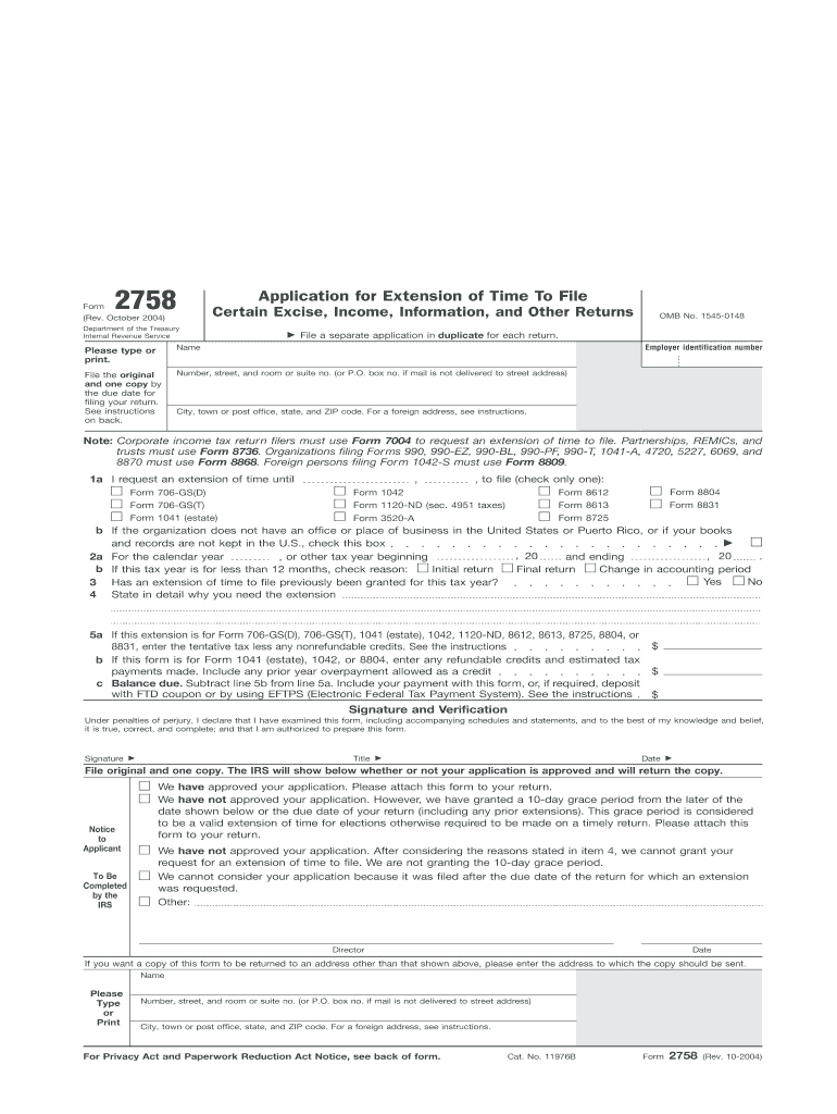  Irs Form 2758 Print 2004-2024