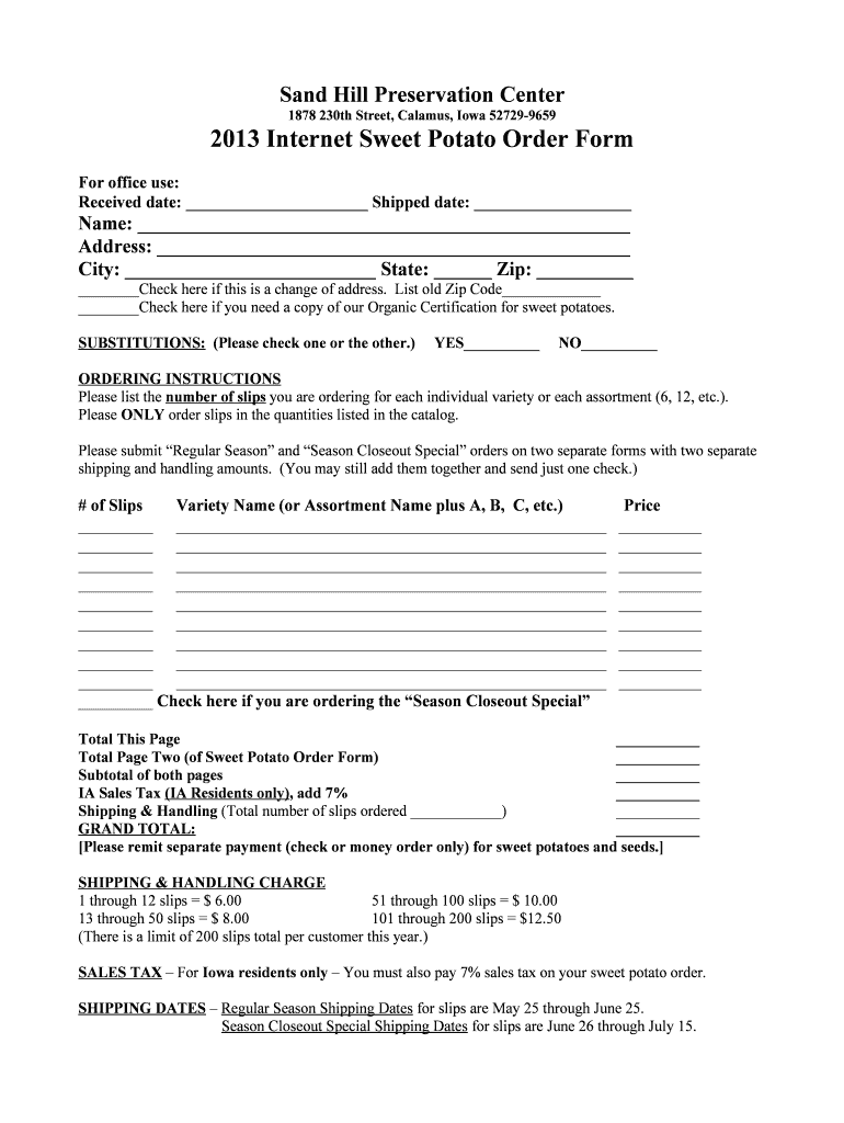 Internet Sweet Potato Order Form  Sand Hill Preservation