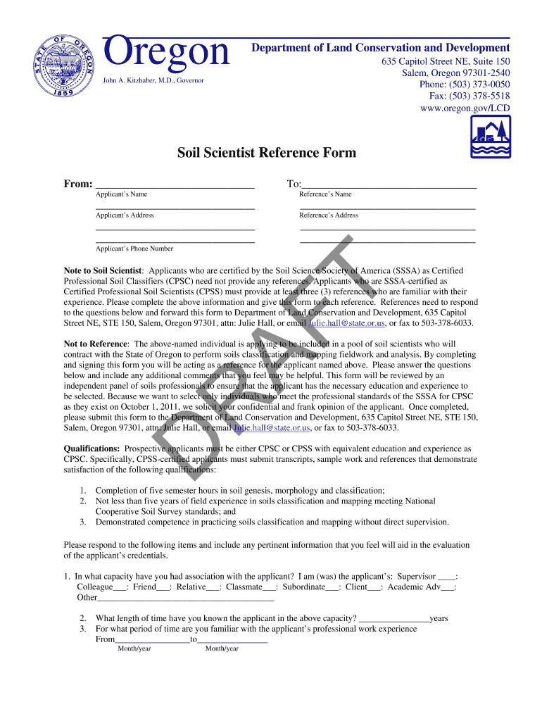 Soil Scientist Reference Form  State of Oregon  Oregon