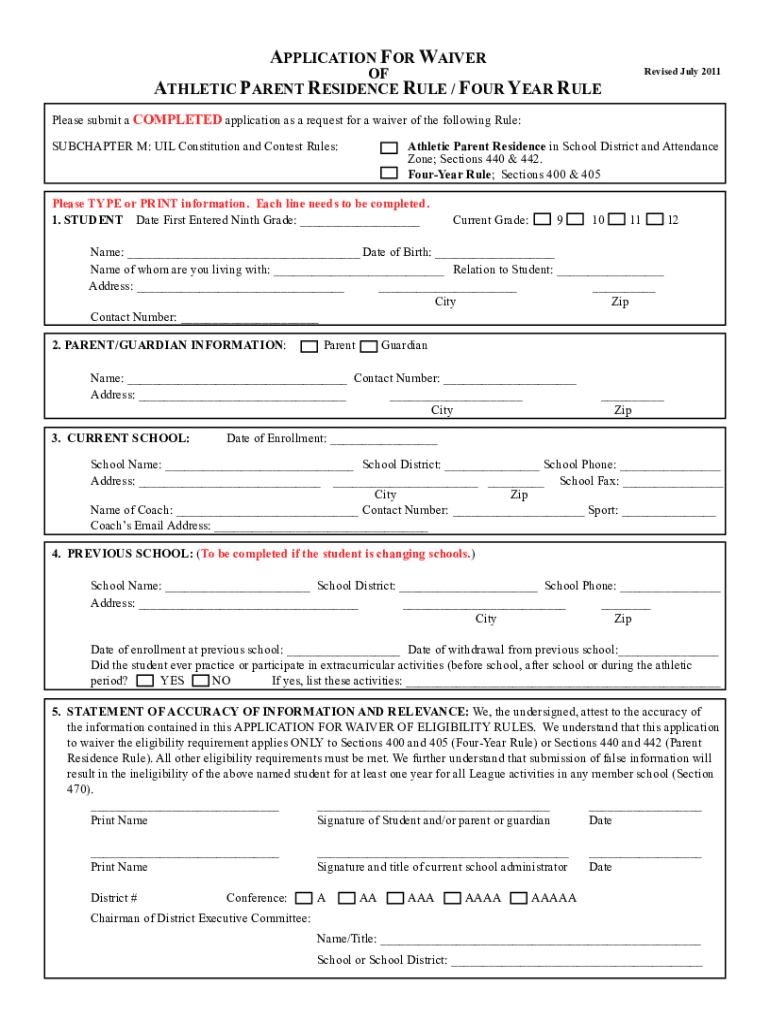 Uil Parent Residence Waiver Form