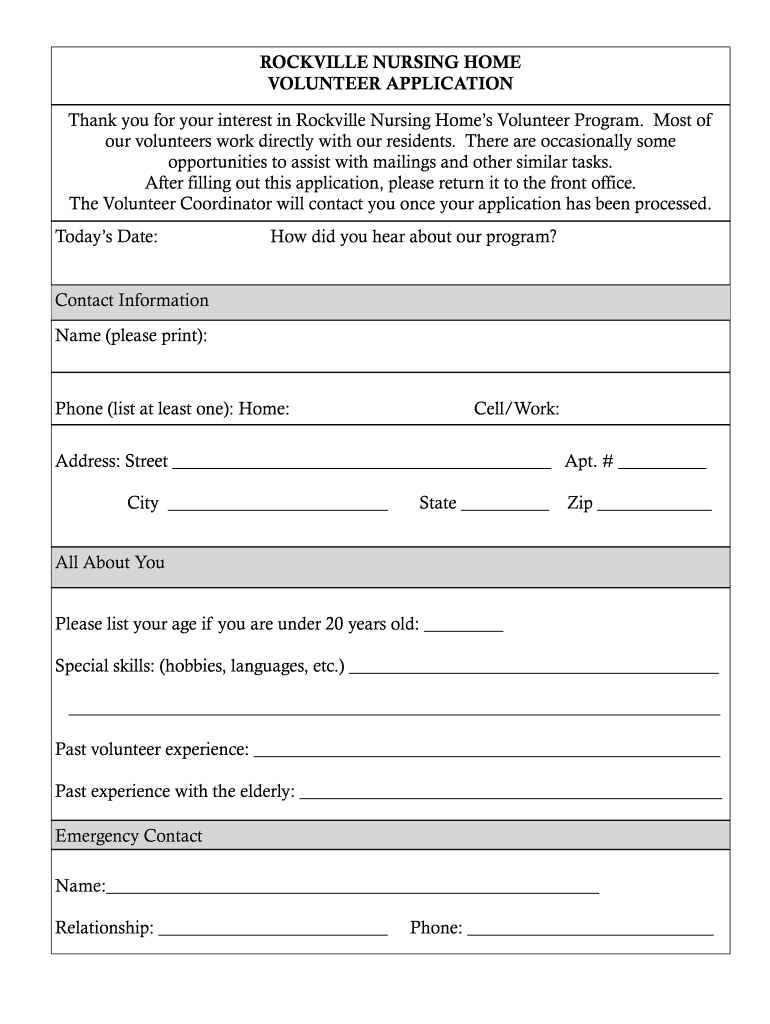 Nursing Home Volunteer Application  Form