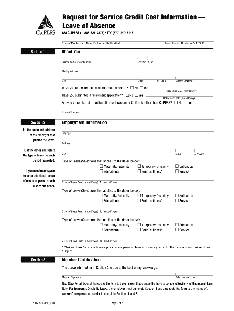 Request for Service Credit Cost Information  Leave of Absence  Calpers Ca