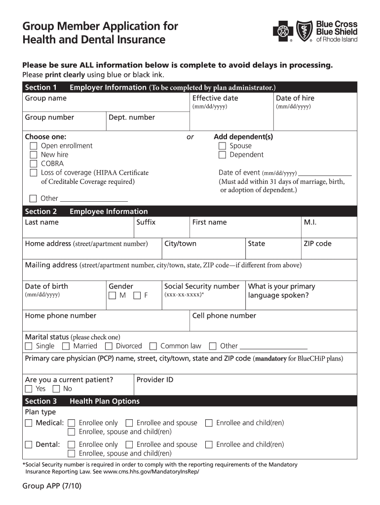 Large Group Member Application  Blue Cross & Blue Shield of  Form