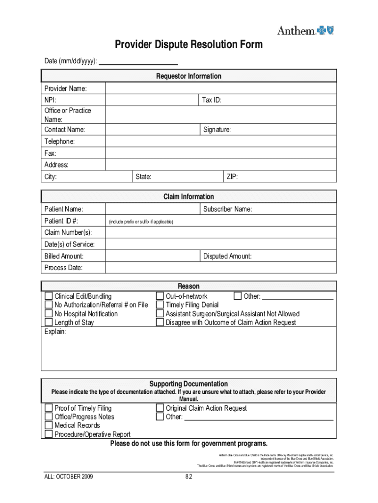  Anthem Medicare Provider Appeal Form 2009-2024