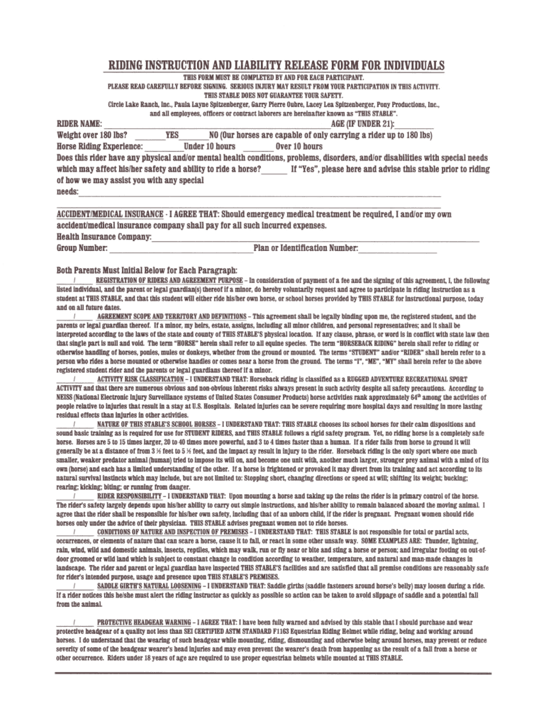 RIDING INSTRUCTION and LIABILITY RELEASE FORM for