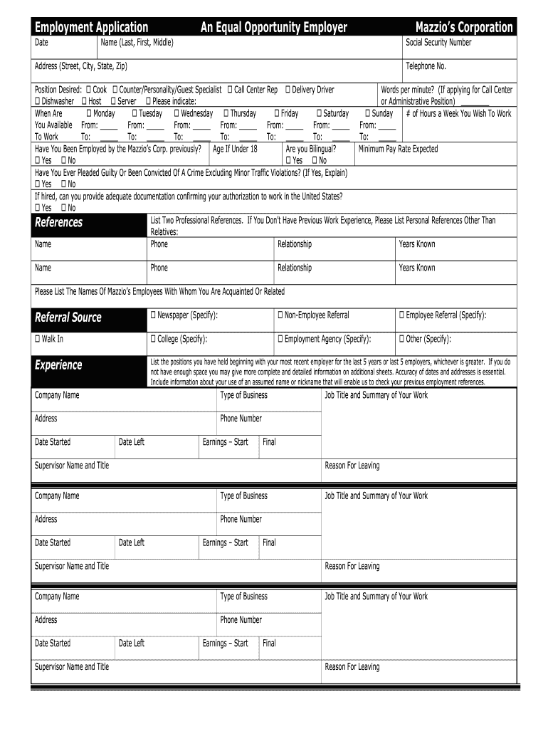 Mazzios Application  Form