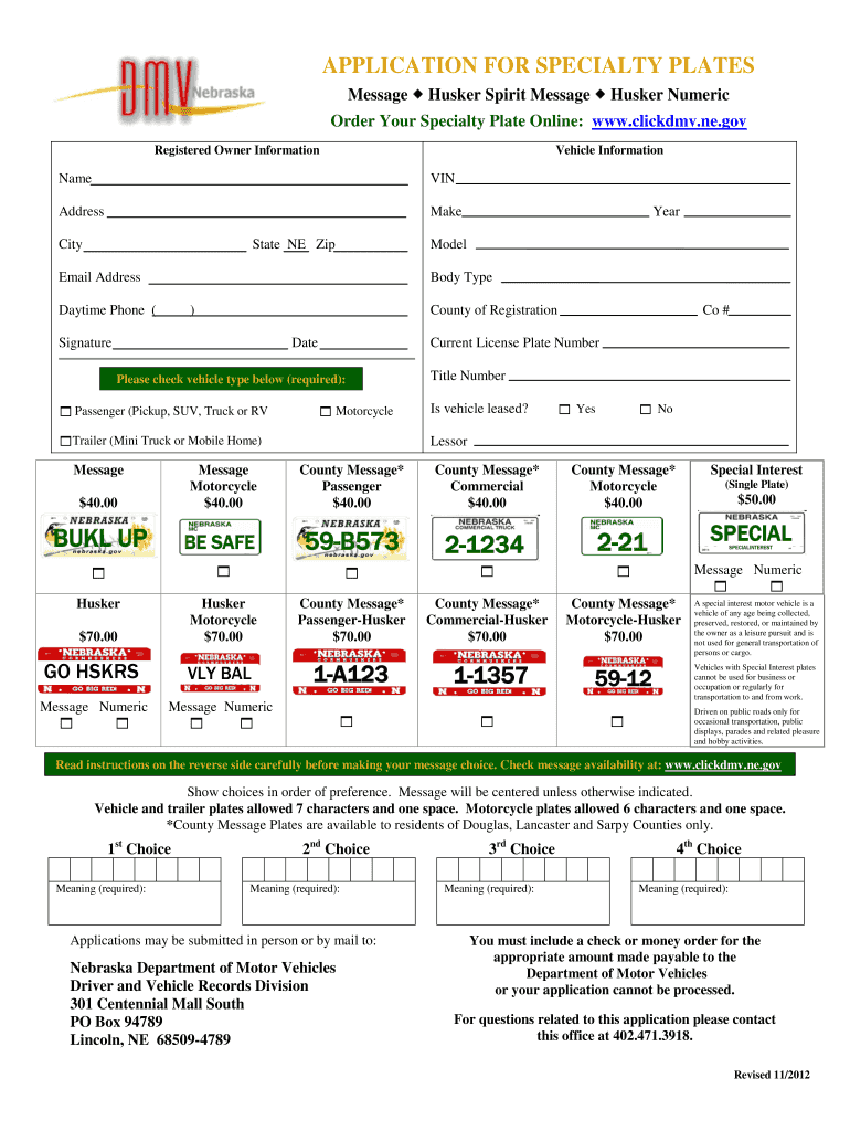  Application for Specialty Plates  DMV  Dmv Ne 2012