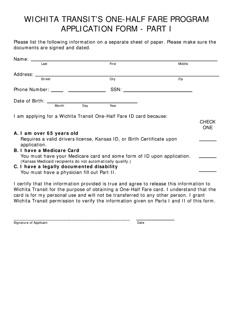 Wichita Half Fare Card Form