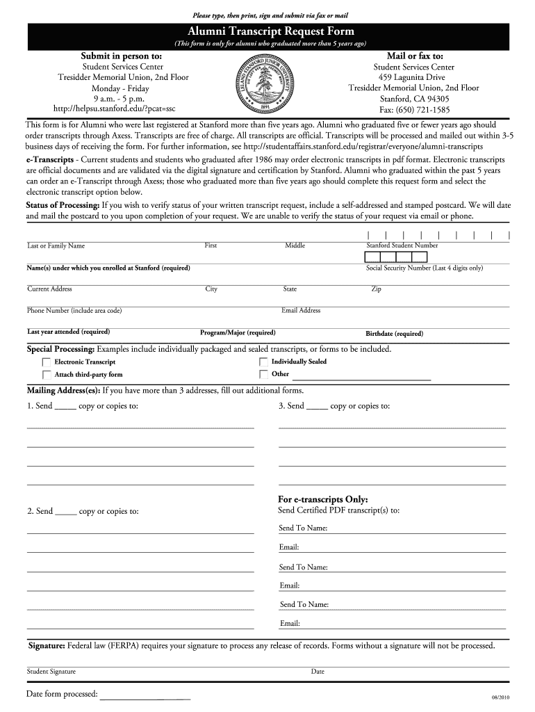  Stanford Transcript Request Form 2010