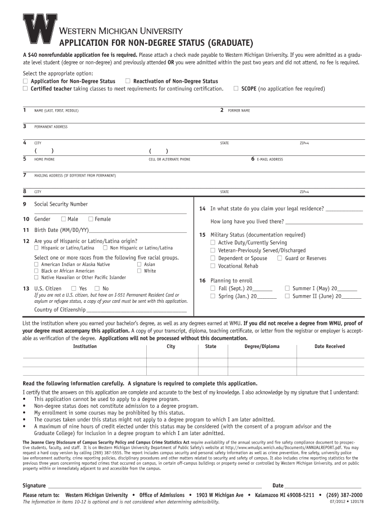 APPLICATION for NON DEGREE STATUS GRADUATE  Wmich  Form