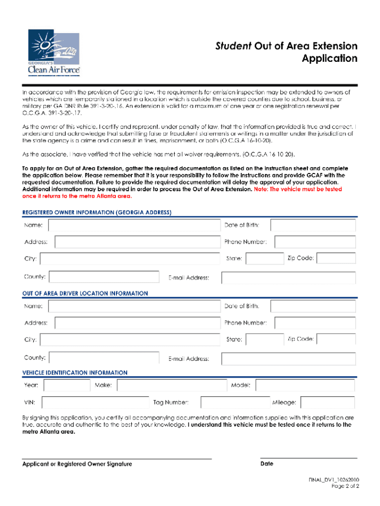 Out of Area Extension Application Georgia  Form