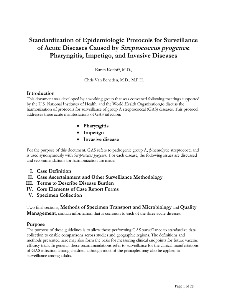 Working Group on Standardization of Epidemiologic Protocols for Surveillance of Acute Diseases Caused by Streptococcus Pyogene  Form
