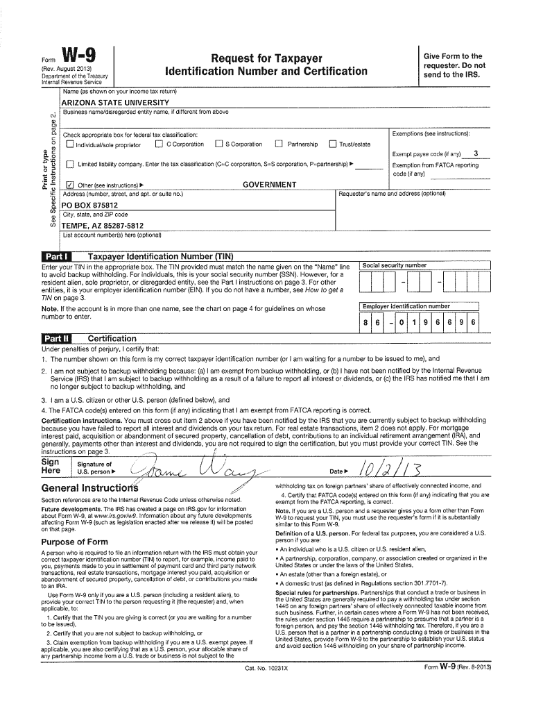 ASU Federal W 9 Form  Arizona State University  Asu