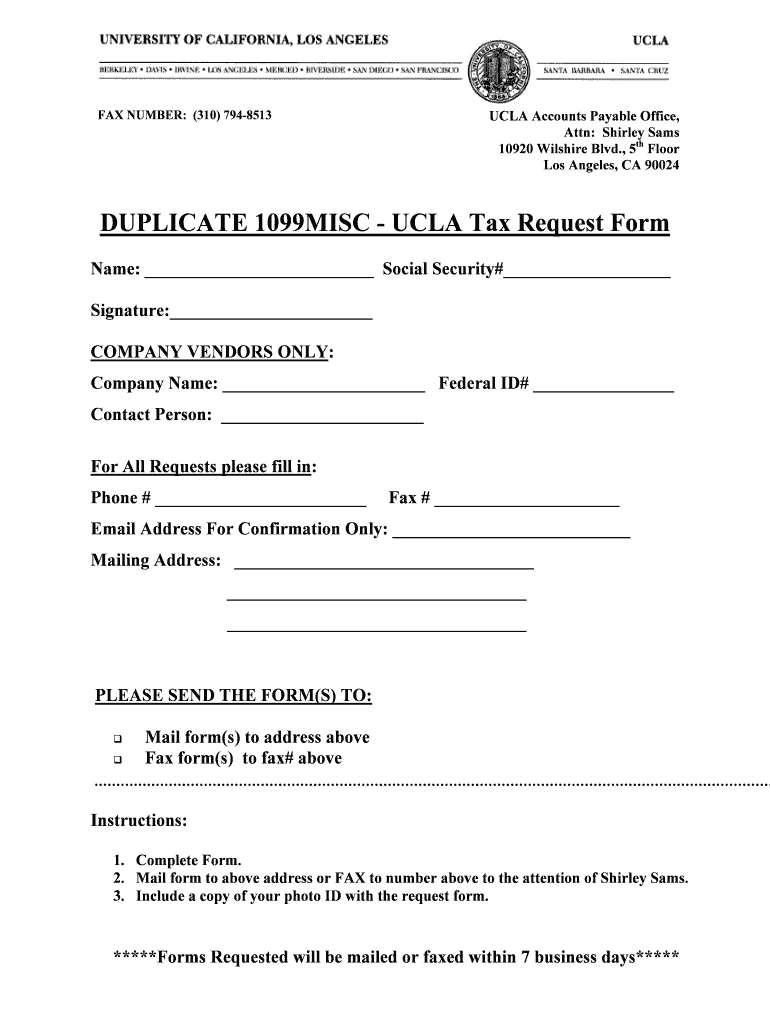 DUPLICATE 1099MISC  UCLA Tax Request Form  Payroll Ucla