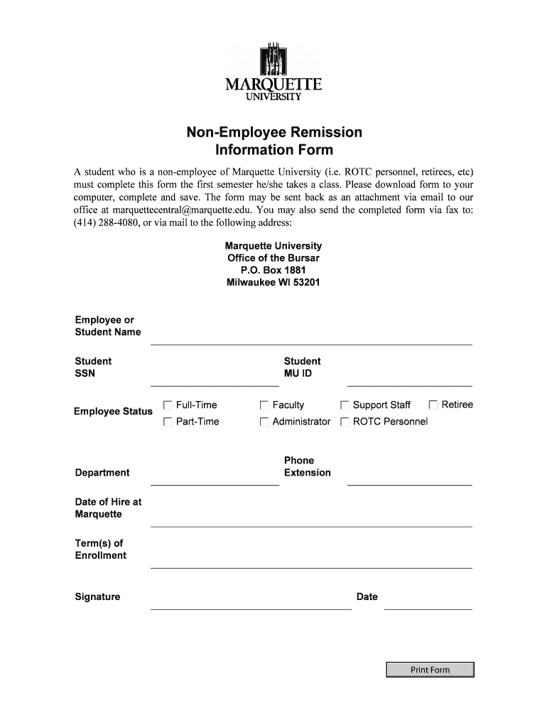 Non Employee Remission Information Form  Marquette University  Marquette