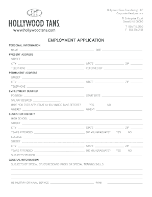 Hollywood Tans Application  Form