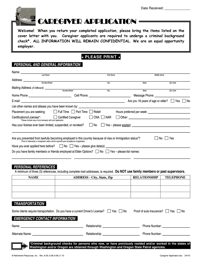 Caregiver Job Application Form PDF