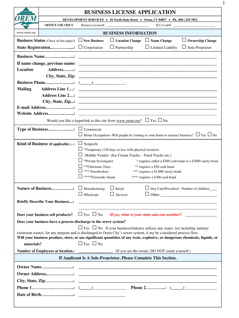 Orem City Business License  Form