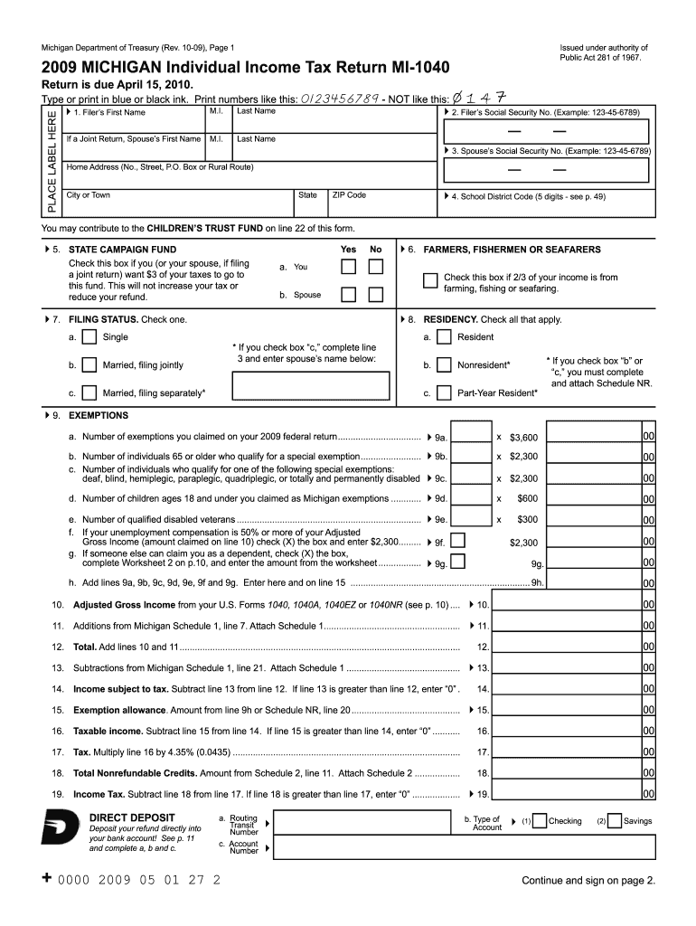  10 09, Page 1 MICHIGAN Individual Income Tax Return MI 1040 Return is Due April 15, Michigan 2020