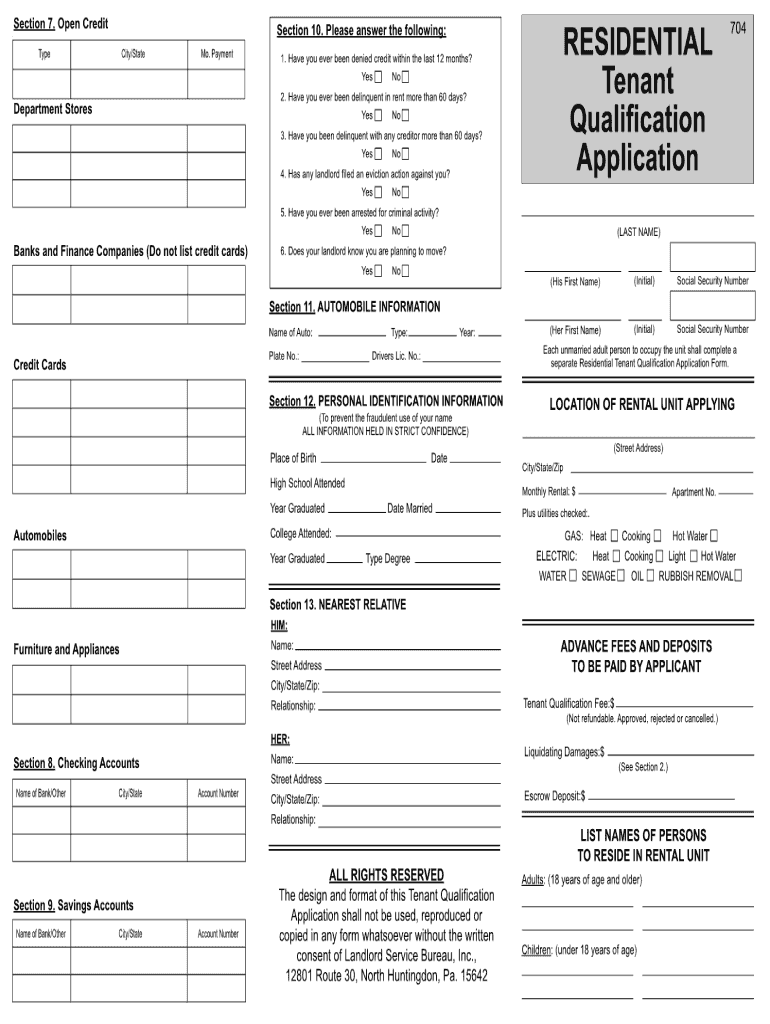 Residential Tenant Qualification Application  Form