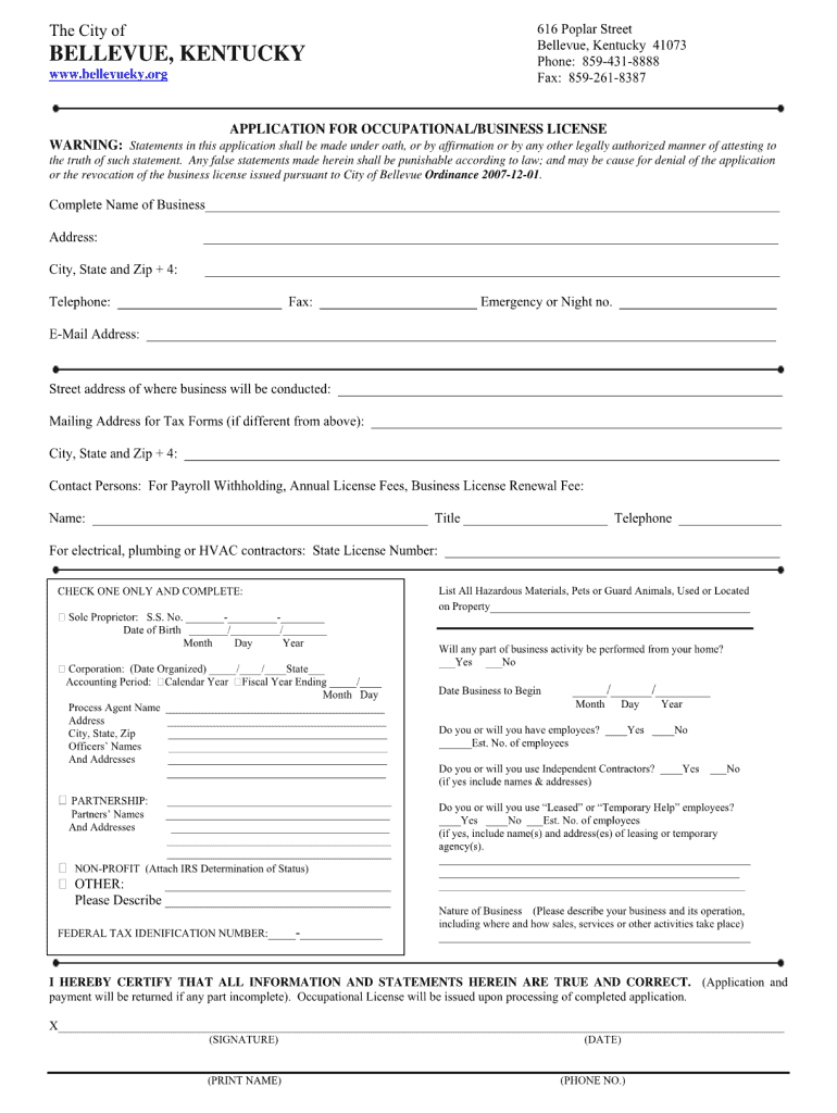 City of Bellevue Ky Occupational License  Form
