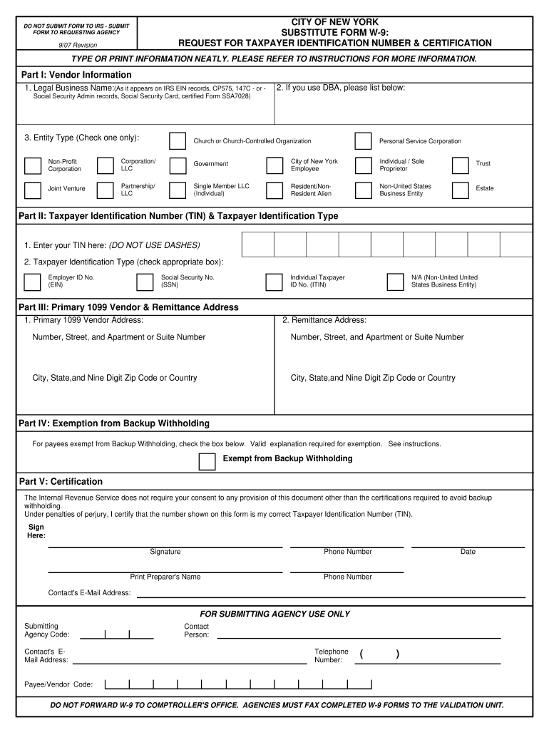 Get and Sign City of New York Substitute Form W 9 Revision 907 2017-2022