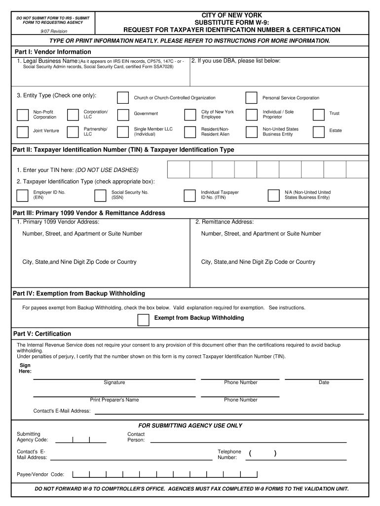  City of New York Substitute Form W 9 Revision 907 2017