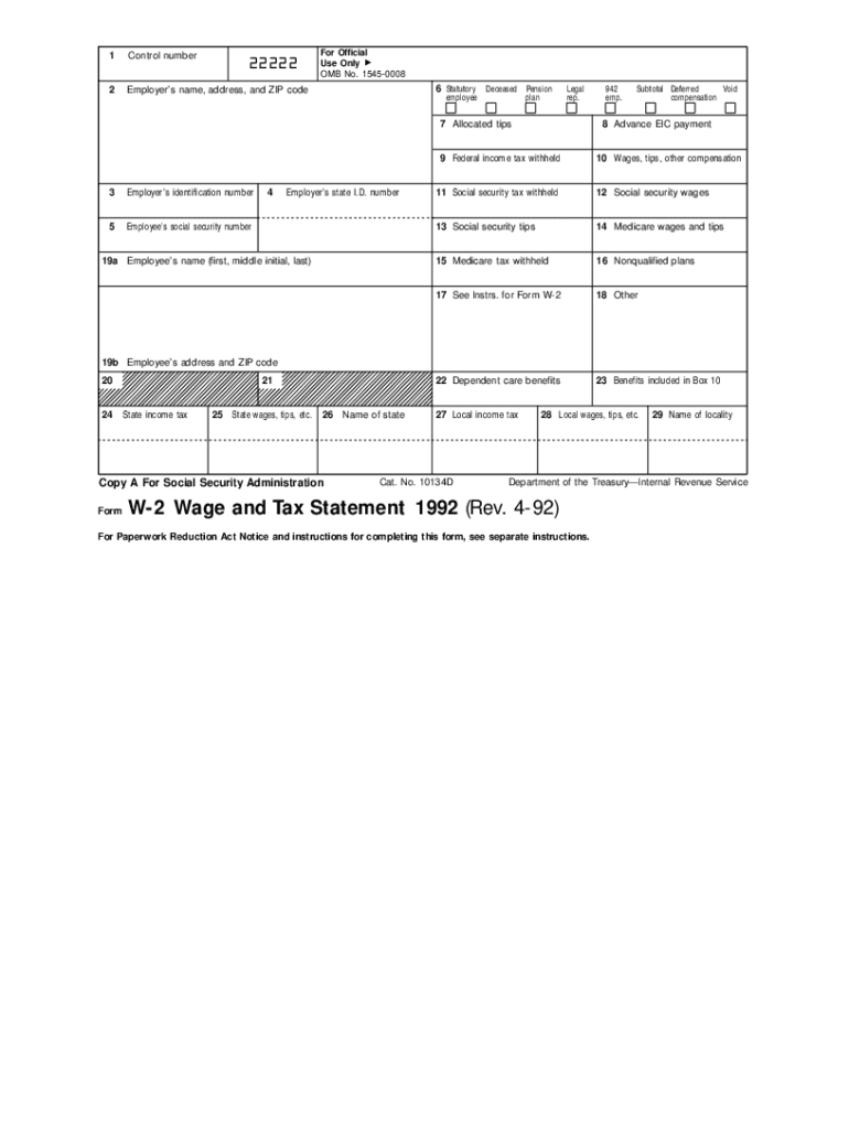  Form W 2 Wage and Tax Statement Rev 4 92 Irs 1992