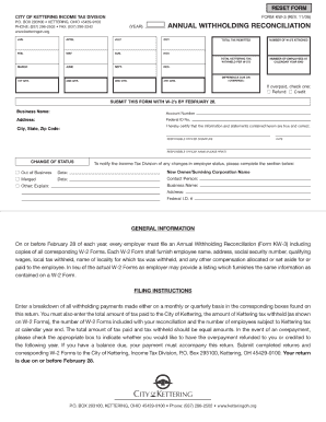 Kettering Ohio Annual Withholding Reconciliation Form Kw 3