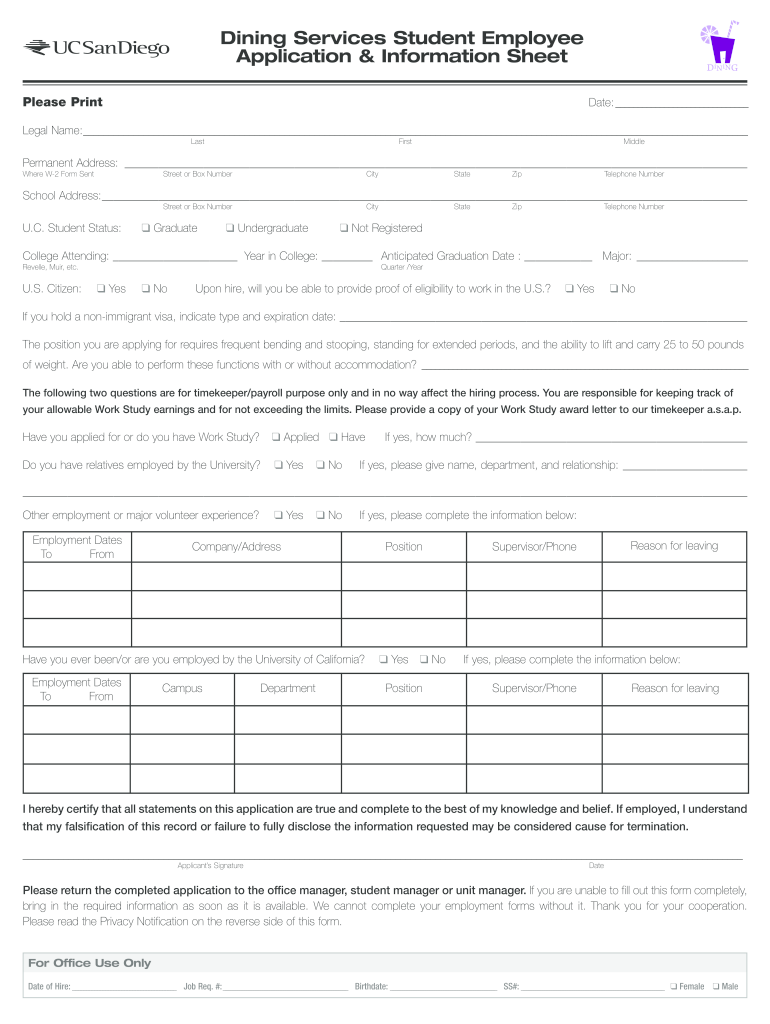Download Dining Services Application PDF Hdh Ucsd  Form