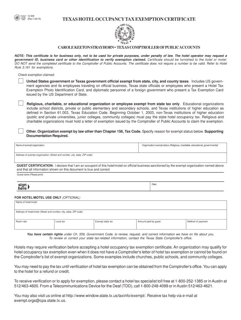  Texas Hotel Tax Exempt Form 2017-2024