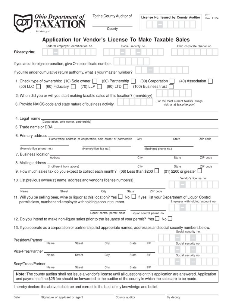 Ohio St 1 Application for Sales Tax Fillable  Form 2004