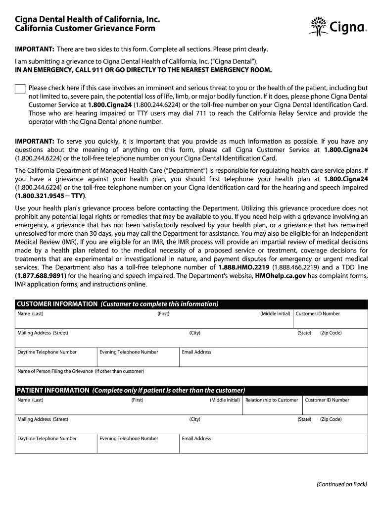 Grievance Reporting to Cigna Form