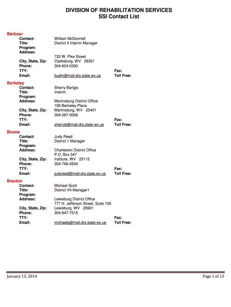 DIVISION of REHABILITATION SERVICES SSI Contact List  Wvdhhr  Form